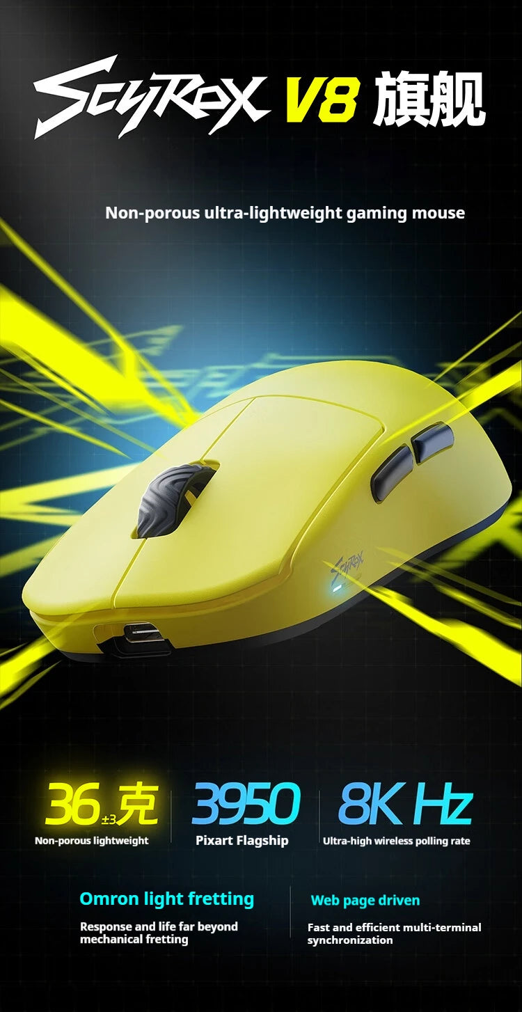 Scyrox V8 Wireless Gaming Mouse – 8K DPI, 36g, Dual-Mode, No Holes, FPS Optimized