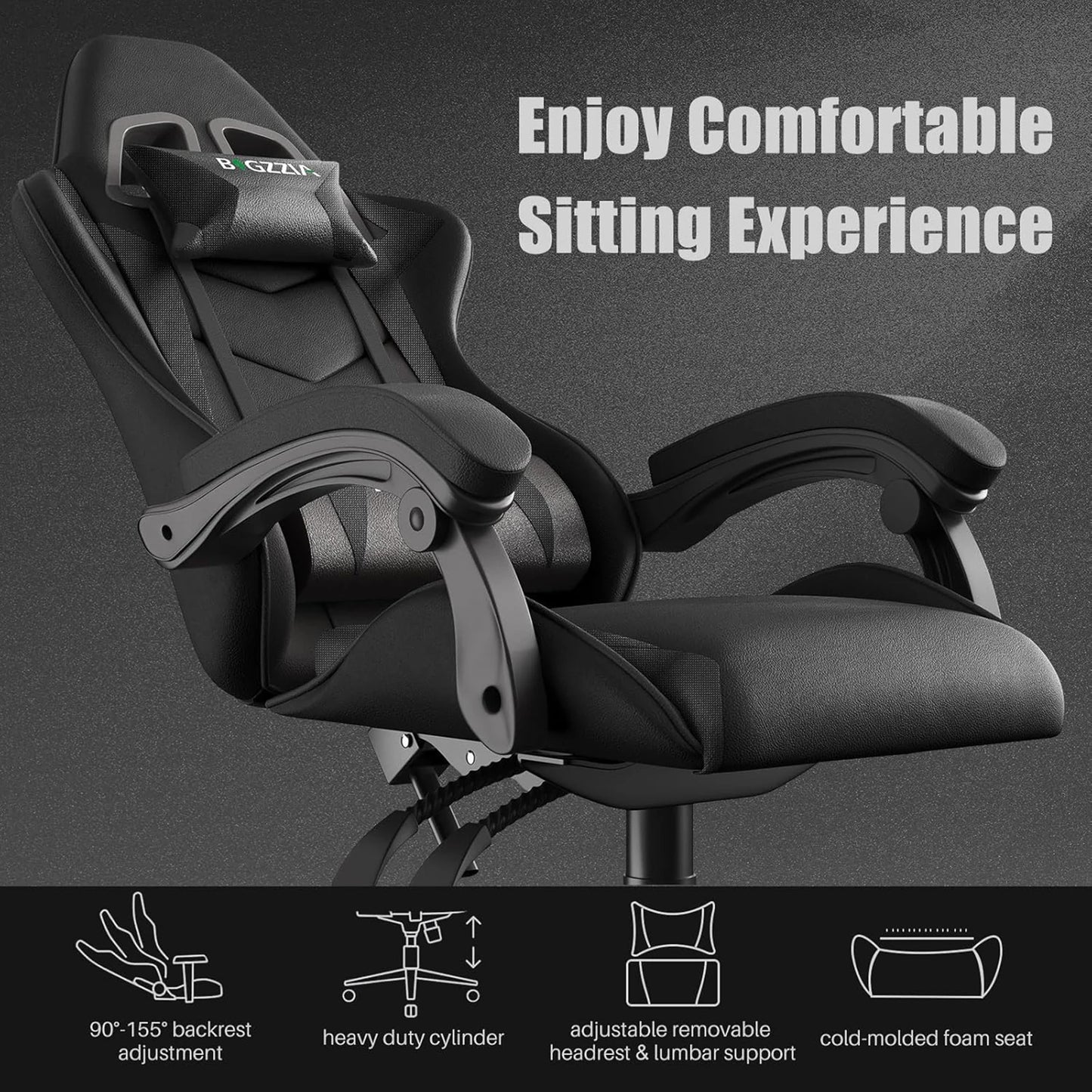 Bigzzia Ergonomic Gaming Chair with Lumbar Cushion, Headrest, Height-Adjustable