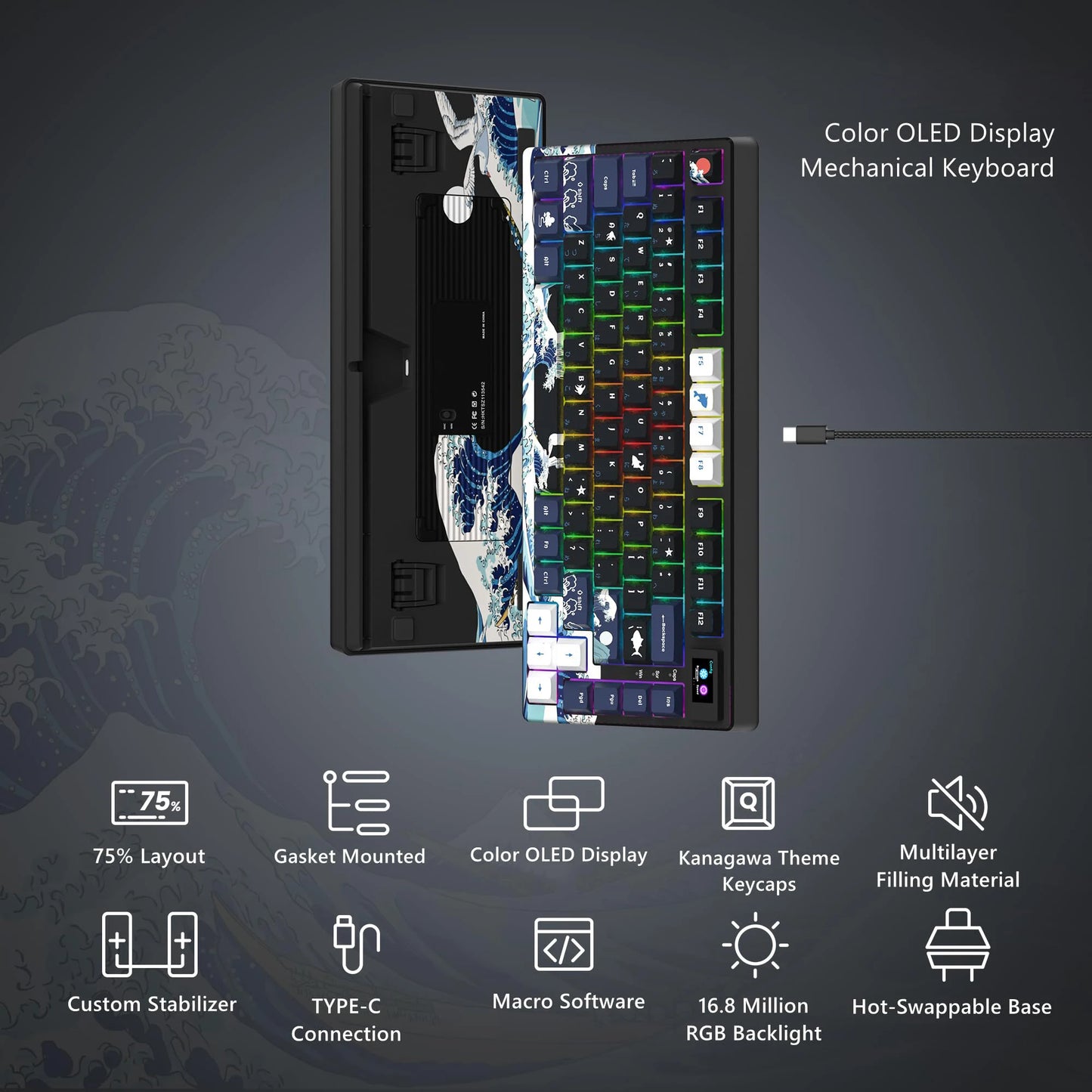 Wired Mechanical Gaming Keyboard – OLED Display, Hot-Swappable, RGB Pudding Keycaps