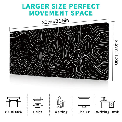 Large Gaming Mouse Pad 31.5 x 11.8in Topographic Black & White for Keyboard